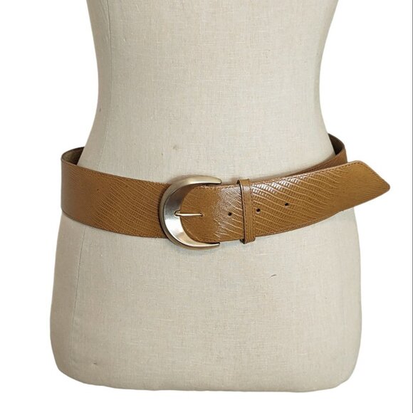 Vintage Textured Leather Belt Wide Tan Yellow Brown Gold Tone Buckle Hardware